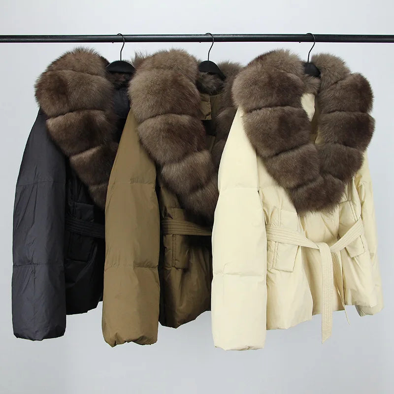 New Fashion Women Short Down Coat Real Fur Collar Warm Puffer Jackets Winter Down Jackets With Belt