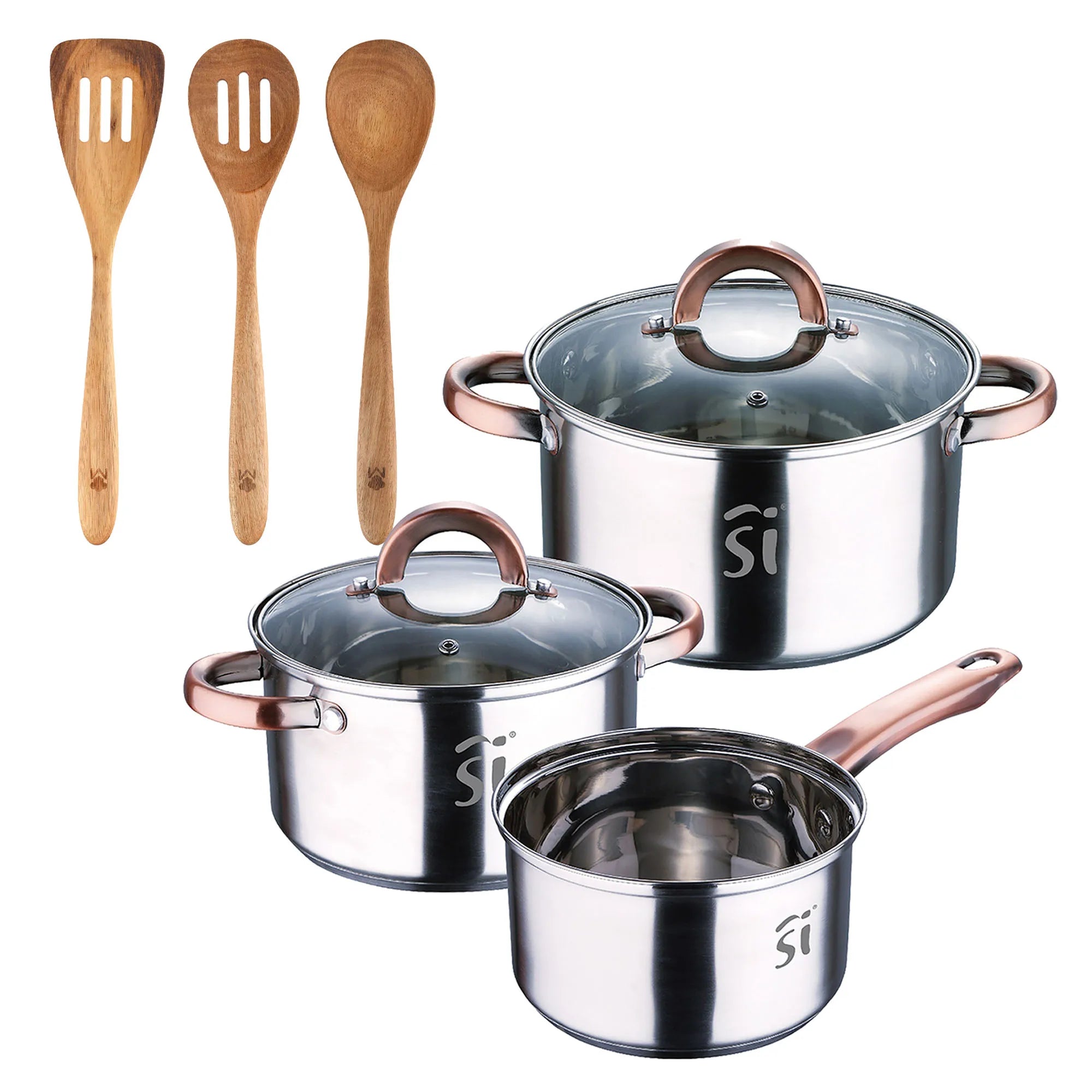5-piece stainless steel cookware set 16/18/20 suitable for induction + 3-piece acacia kitchen utensil set SMART MasterPRO