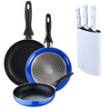 Set of 3 San Ignacio frying pans (16+20+24cm) pressed aluminum blue + Set of 3 knives with stainless steel handles