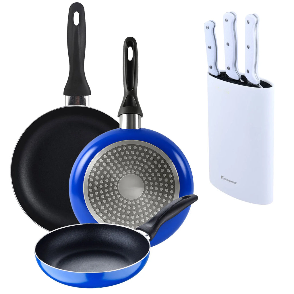 Set of 3 San Ignacio frying pans (16+20+24cm) pressed aluminum blue + Set of 3 knives with stainless steel handles