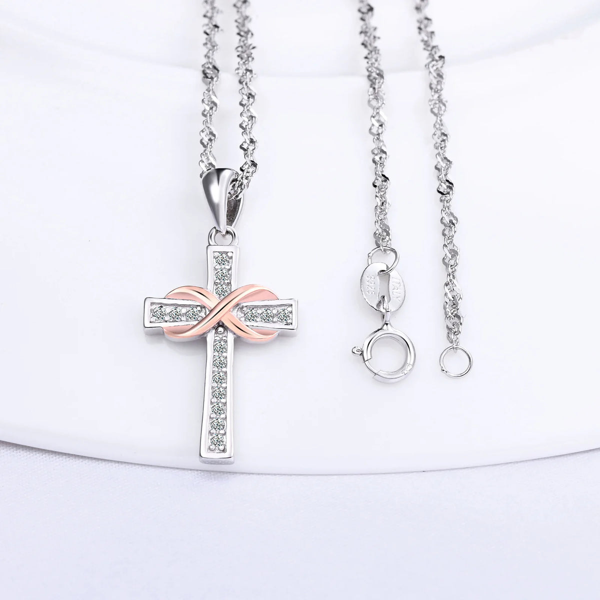 925 Silver Pendant Necklace with Infinity Symbol and Cross Combination Rhodium Plated Zircon Stone-Set Stylish for Weddings