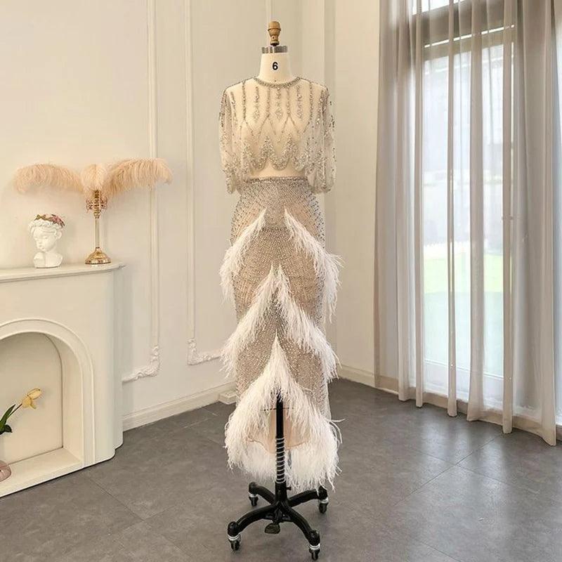 Jancember SZ363 Elegant Dubai Feather Mermaid Evening Dresses With Shawl