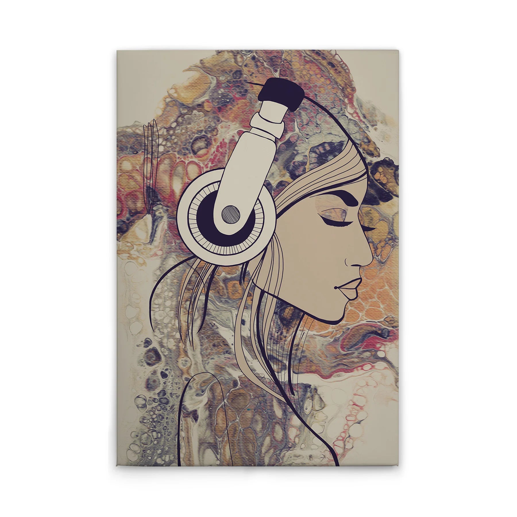 Made In Germany - Home Decor Canvas Picture Woman With Headphones - Wall Mural In Colourful And Cream - Stretcher Frame Art