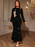 AM050834 Winter Full Sleeve Mermaid Ball Gown Sparkle Sequin Black Evening Maxi Dress