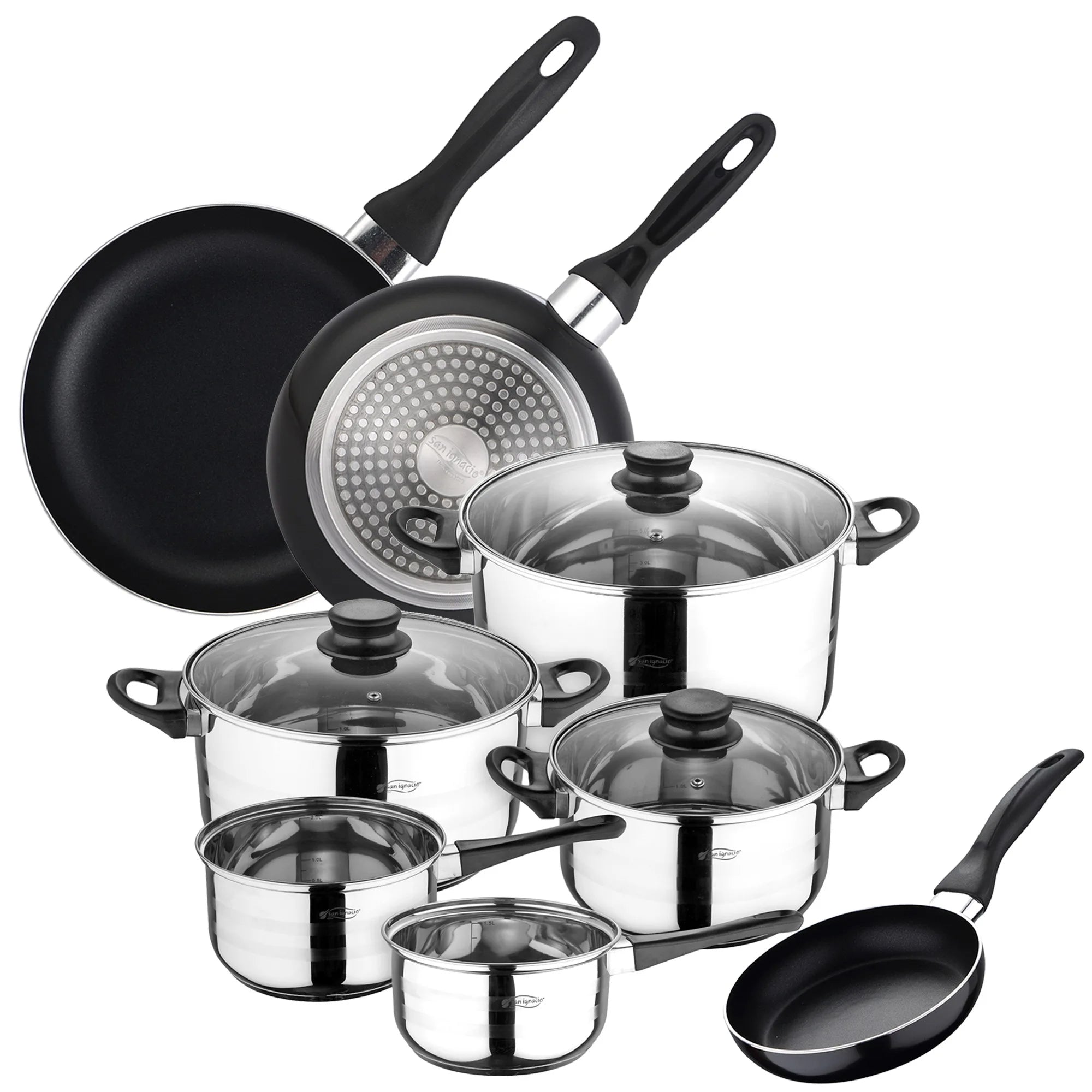 Sip 8-piece cookware set (two saucepans + three pots with glass lids) with a set of 3 frying pans 16/20/24 cm black