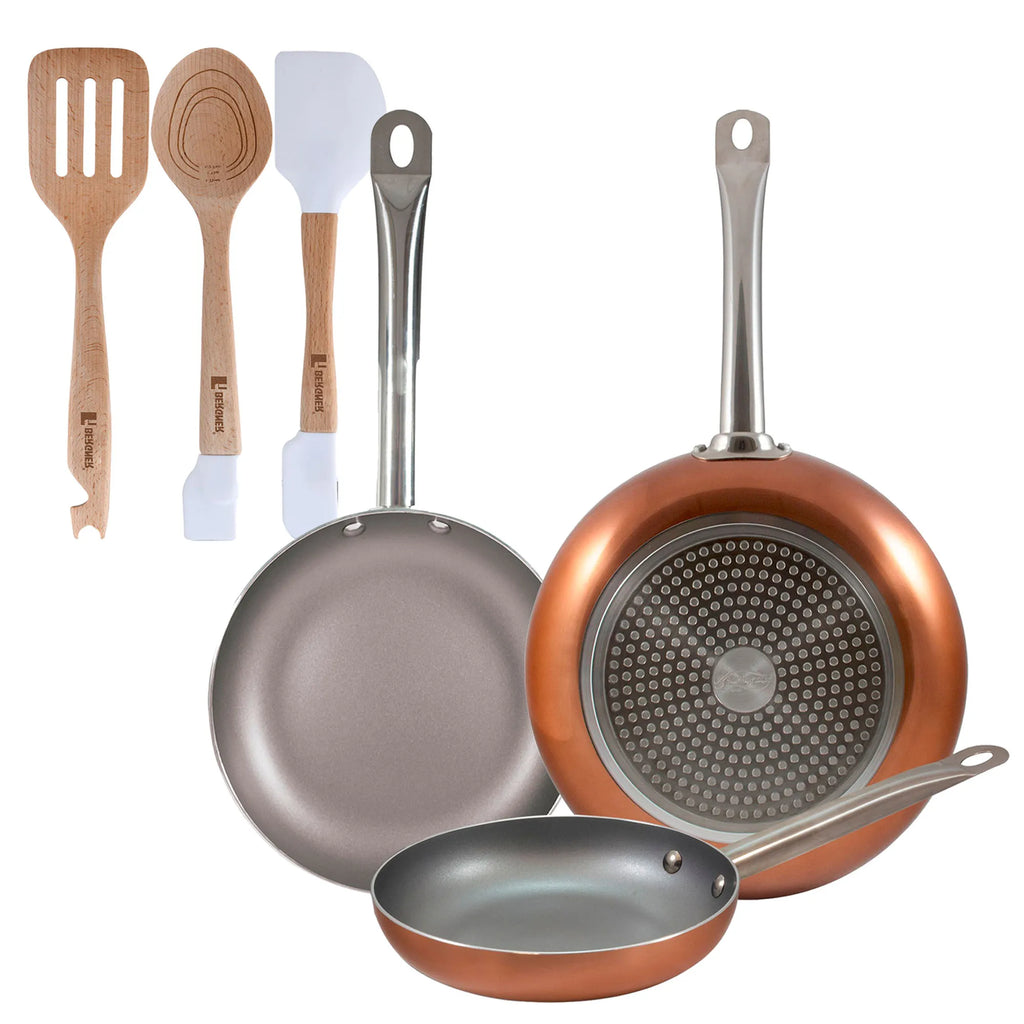 Set of 3 San Ignacio frying pans (18 22 26cm) pressed aluminum suitable for induction + Set of 3 kitchen utensils in