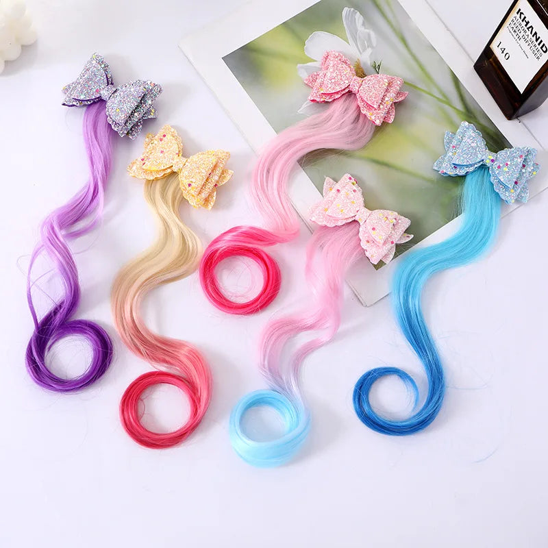 Unicorn Hair Bows Clips Hair Accessories For Girls Kids Glitter Braided Curly Gradient Color Wig Hair Extensions