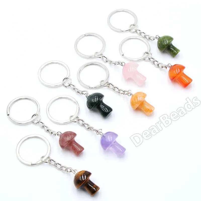 Wholesale  Natural Mushroom Crystal Charm Key Chain Stone Gem Nuggets Key Rings Keychains Healing Crystals