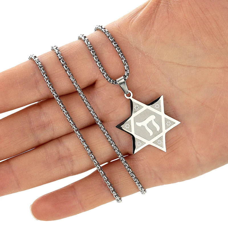 Fashion Jewish Star of David Necklace Stainless Steel Hebrew Letter Chai Kabbalah Pendant Necklace Israel Amulet Jewelry Gift