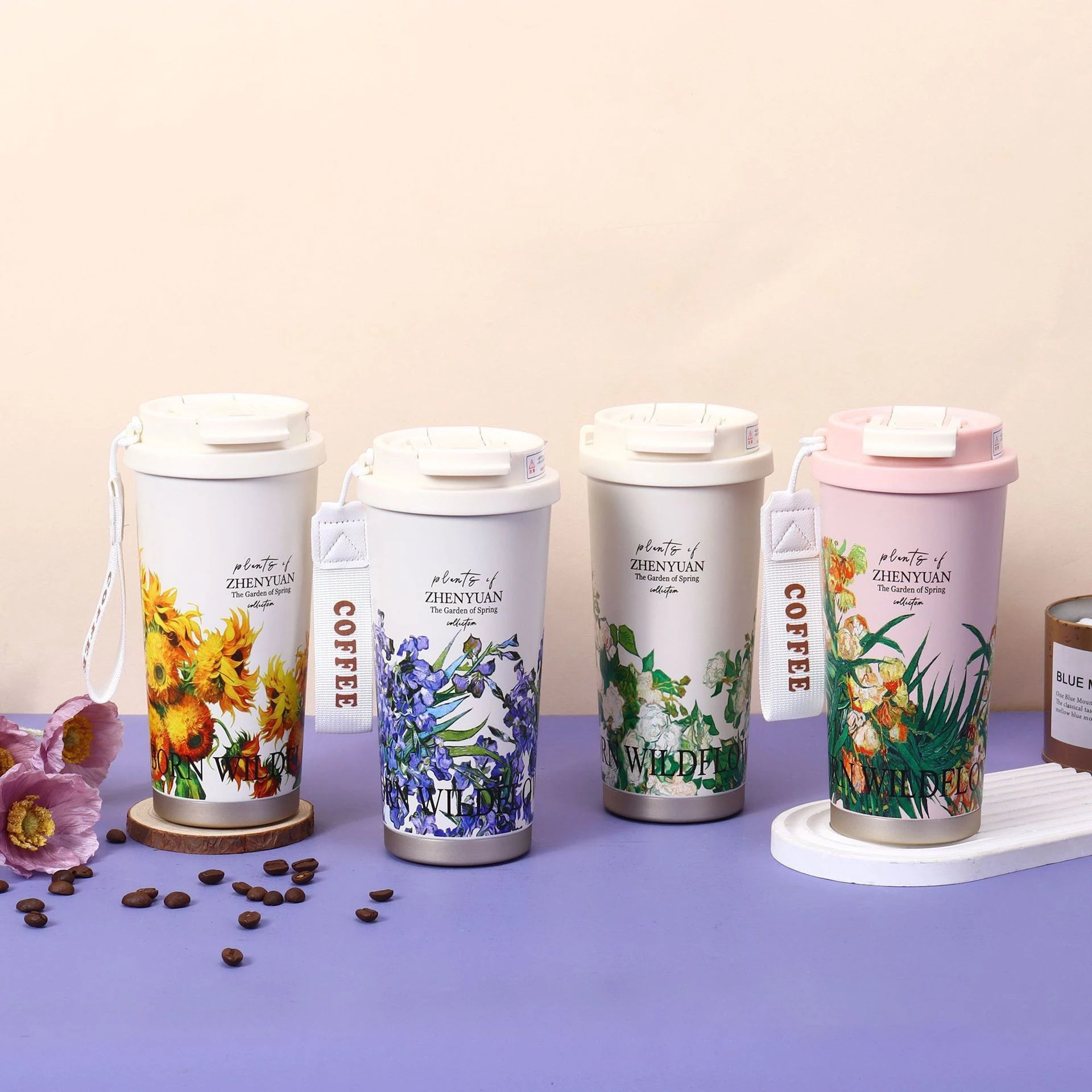 Travel Coffee Tumbler Wholesale Cheap Flower Print Coffee Mugs Stainless Steel Thermos Travel Coffee Mug With Rope