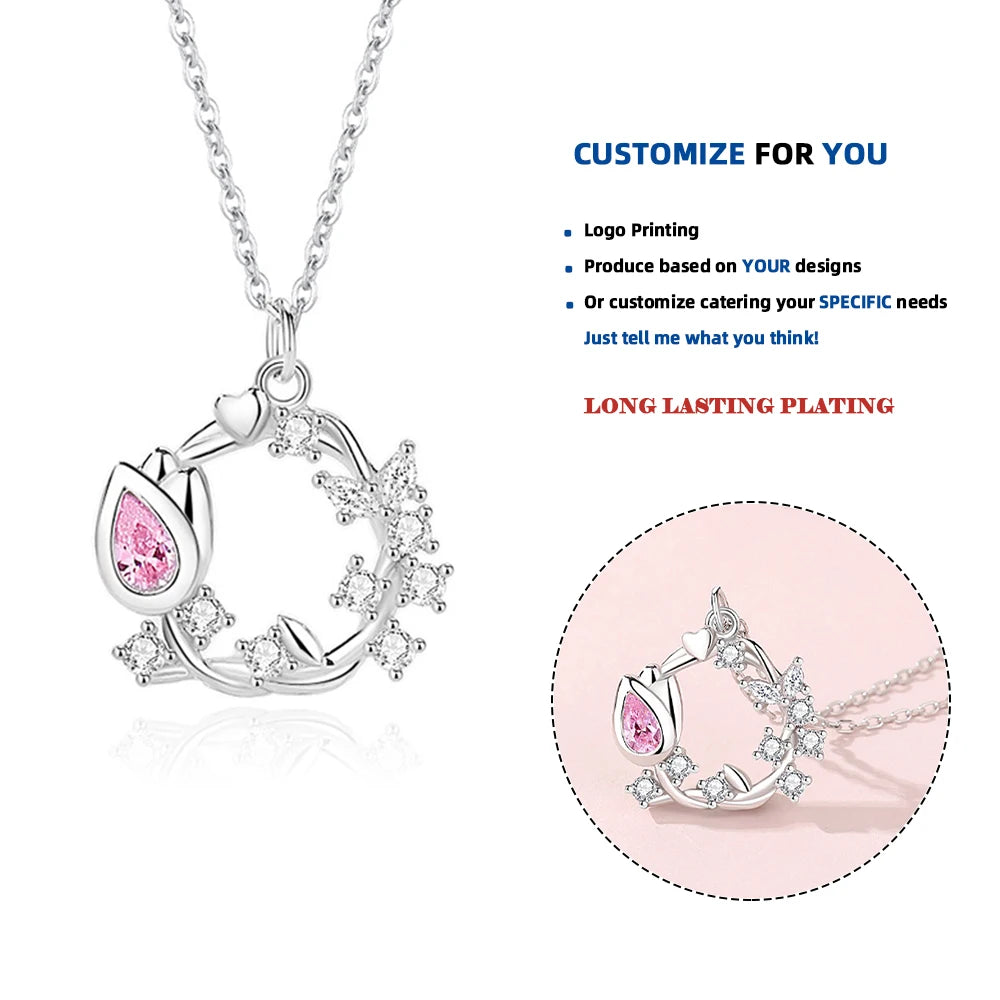 FDXZ-198 925 Sterling Silver Women Wreath Necklace with Water Drop Zircon Tulip Clavicle for Wedding Party Valentine's Day Gift