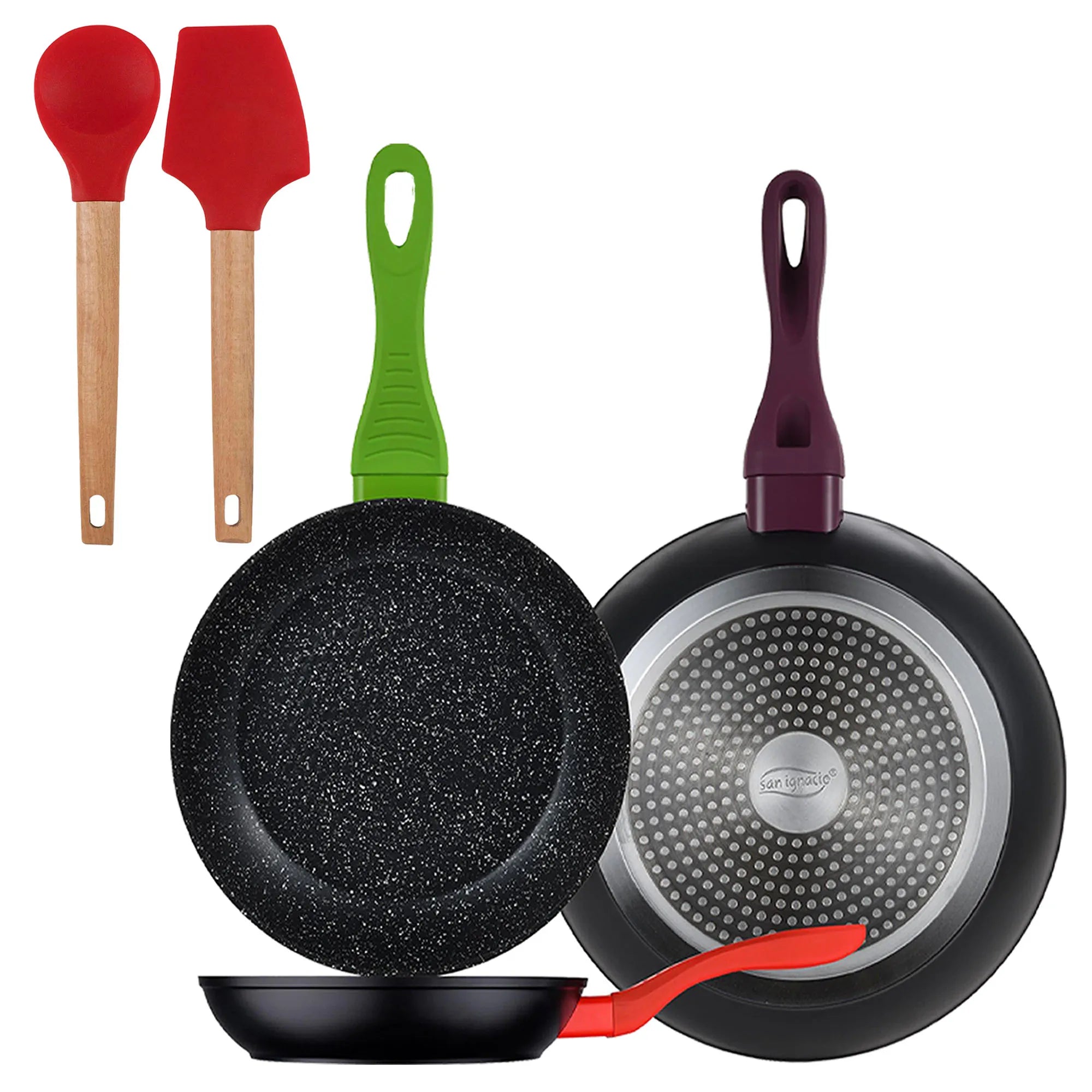 Set of 3 San Ignacio 20/24/28 forged aluminum frying pans induction compatible + Set of 2 silicone kitchen utensils