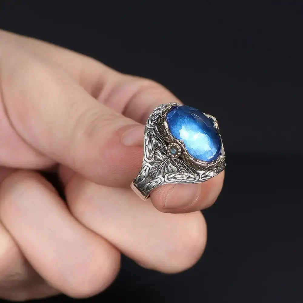 Azuris Custom Logo 925 Sterling Silver Ottoman Style Men's Ring Naturel Black Stone Handmade in Turkey VALKH1525