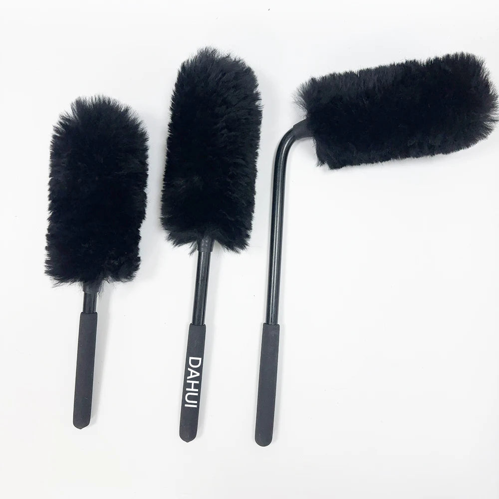 Long Handle Wool Wheel Brush Car Detailing 100% Woolen Wheel and Rim Cleaning Brush Set Wholesale Car Wash Elbow Brush Set