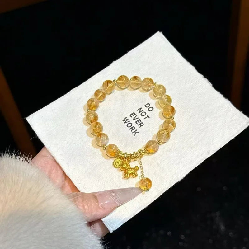 Natural 9mm Yellow Citrine Fashion Trend Bracelet Horse Charm DIY Elastic Beaded Wealth Crystal Healing Gemstone Women Men Gift