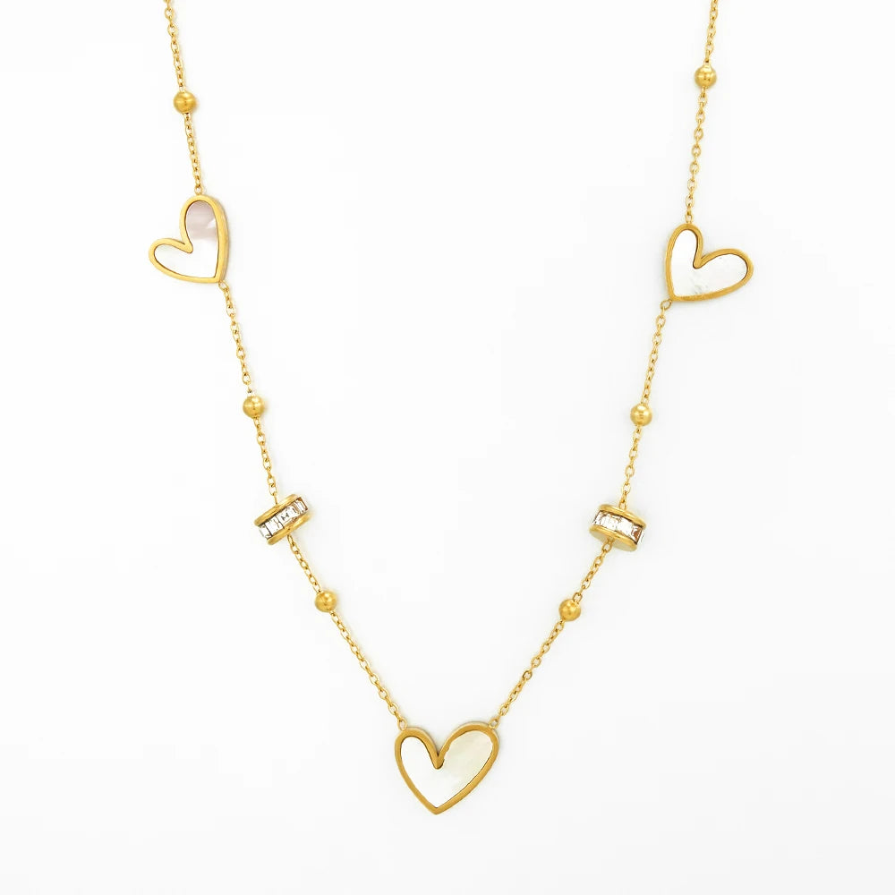 Latest 18K Gold Plated Stainless Steel Jewelry White Shell Heart  Zircon CZ Charm Collarbone Chain for Women Necklace P243478