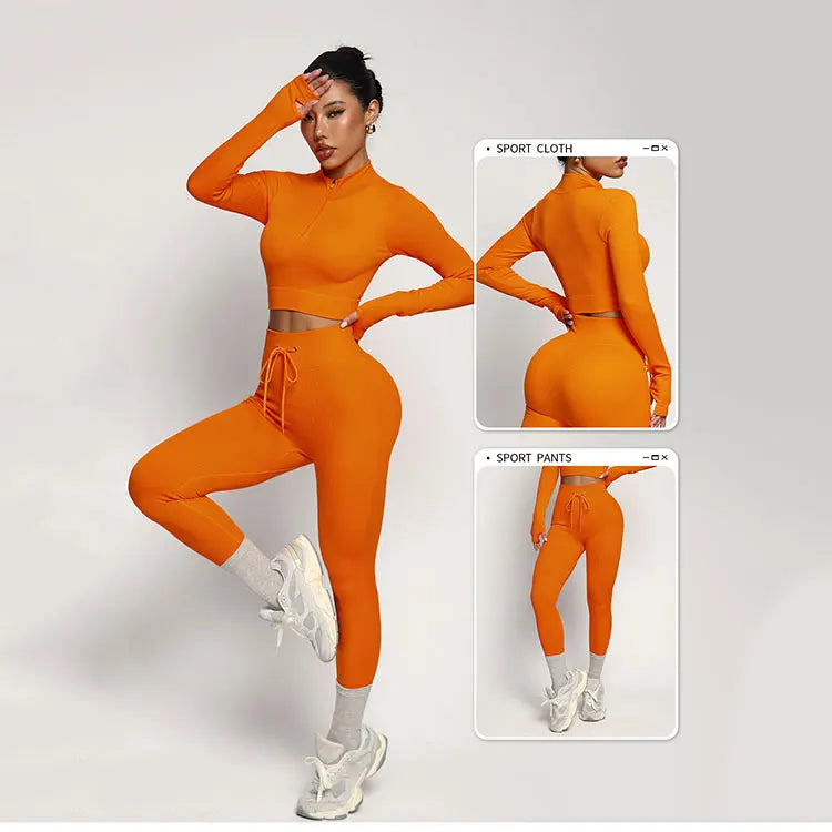 Cross-Border EU/US Women's Solid Ruffled Collar Yoga Outfit-Long-Sleeve Zip Activewear Yoga Top & Pants Set