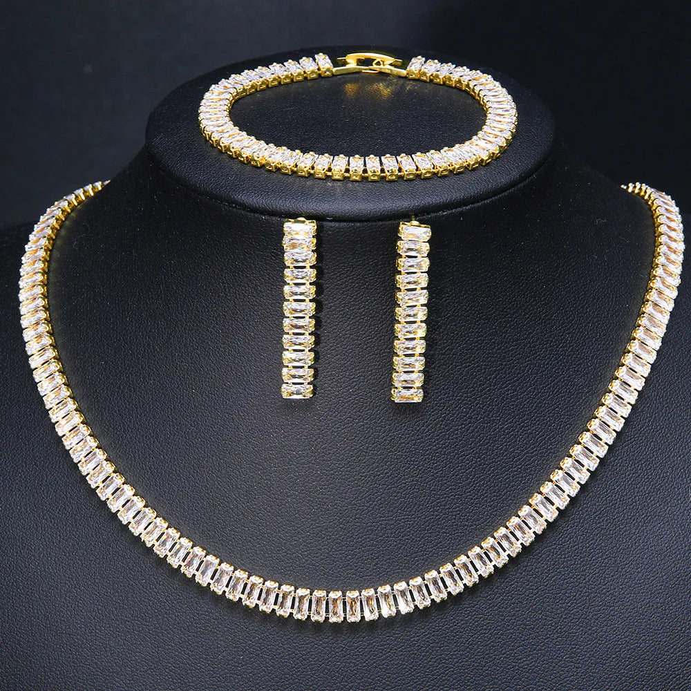 Wholesale Brass Silver Plated Tennis Gold Zircon baguette Stone Bridal Jewelry Necklace and Earring Set for Wedding