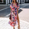 New Summer Vintage European American Women's Sexy Loose Waist V-neck Puff Sleeve Fashion Printed Slit Dresses 100% Polyester