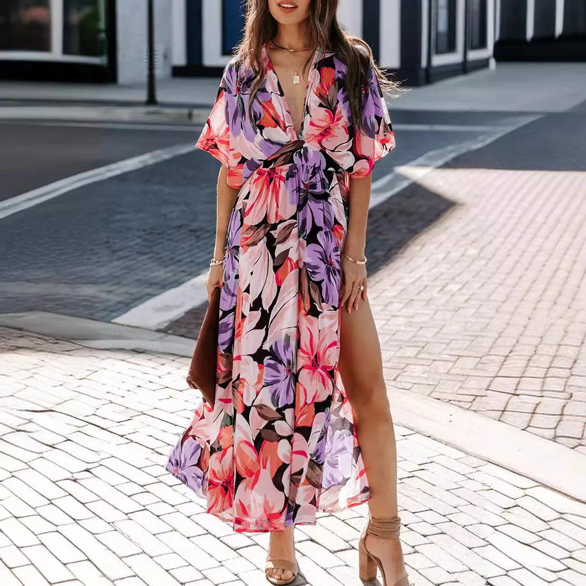 New Summer Vintage European American Women's Sexy Loose Waist V-neck Puff Sleeve Fashion Printed Slit Dresses 100% Polyester