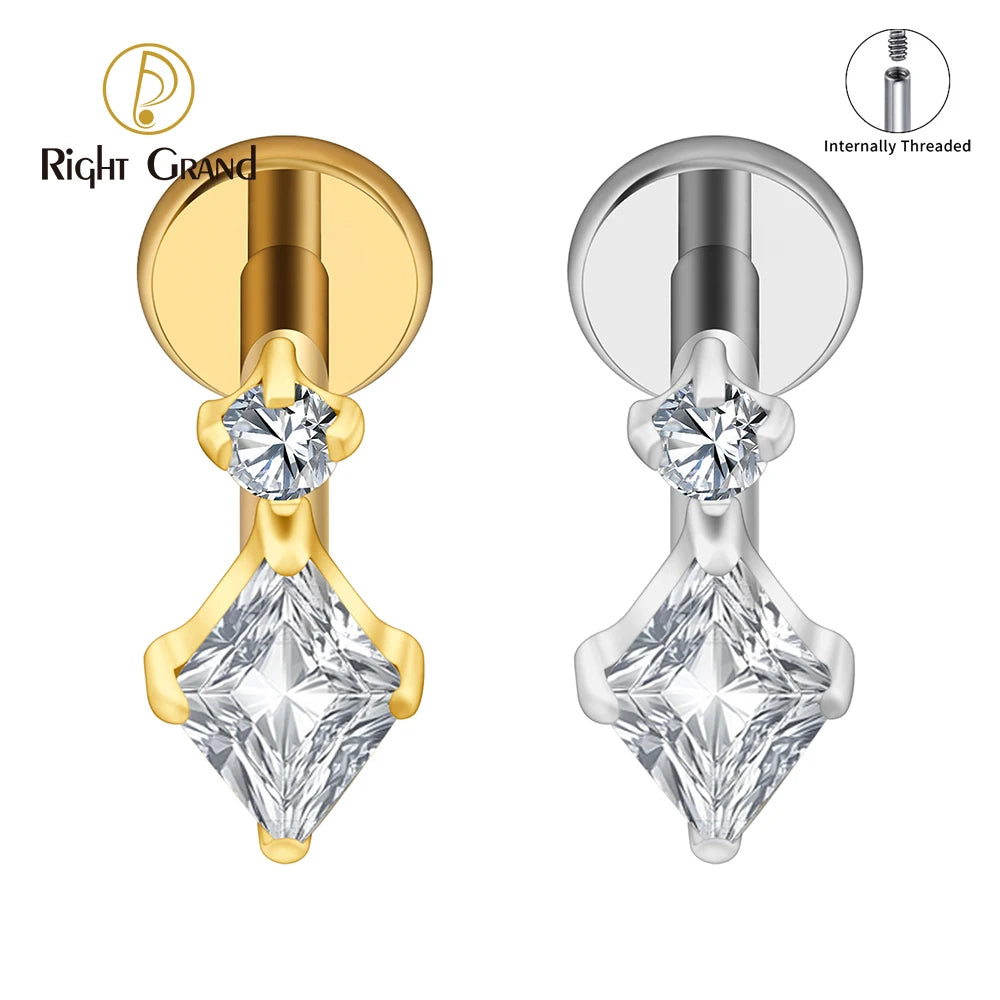 ASTM F136 Titanium 16G Square & Round CZ Labret Stud Helix Conch Cartilage Earring Tragus Stud Piercing Body Jewelry