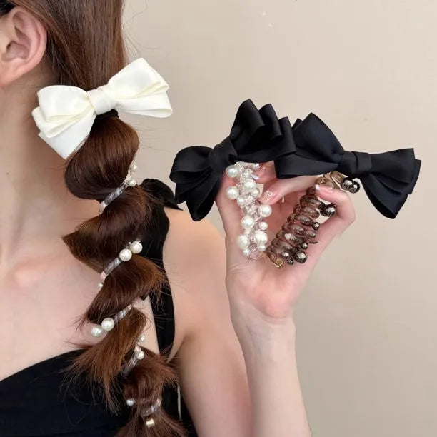 PFT Sweet Bowknot Bead Plastic Phone Line Hair Loop Women's Bubble Braid Good Elasticity Horsetail Braiding 8cm Daily Use MegaBDM
