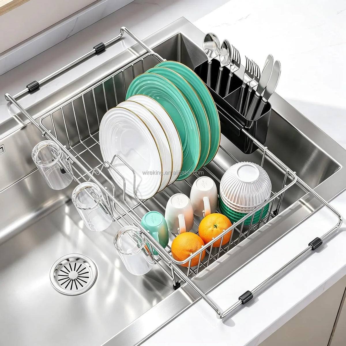 WIREKING Over the Sink 15-23 Inch Kitchen Organizer Rustproof Dish Rack Expandable Compact Dish Drainer with Utnesil Holder MegaBDM