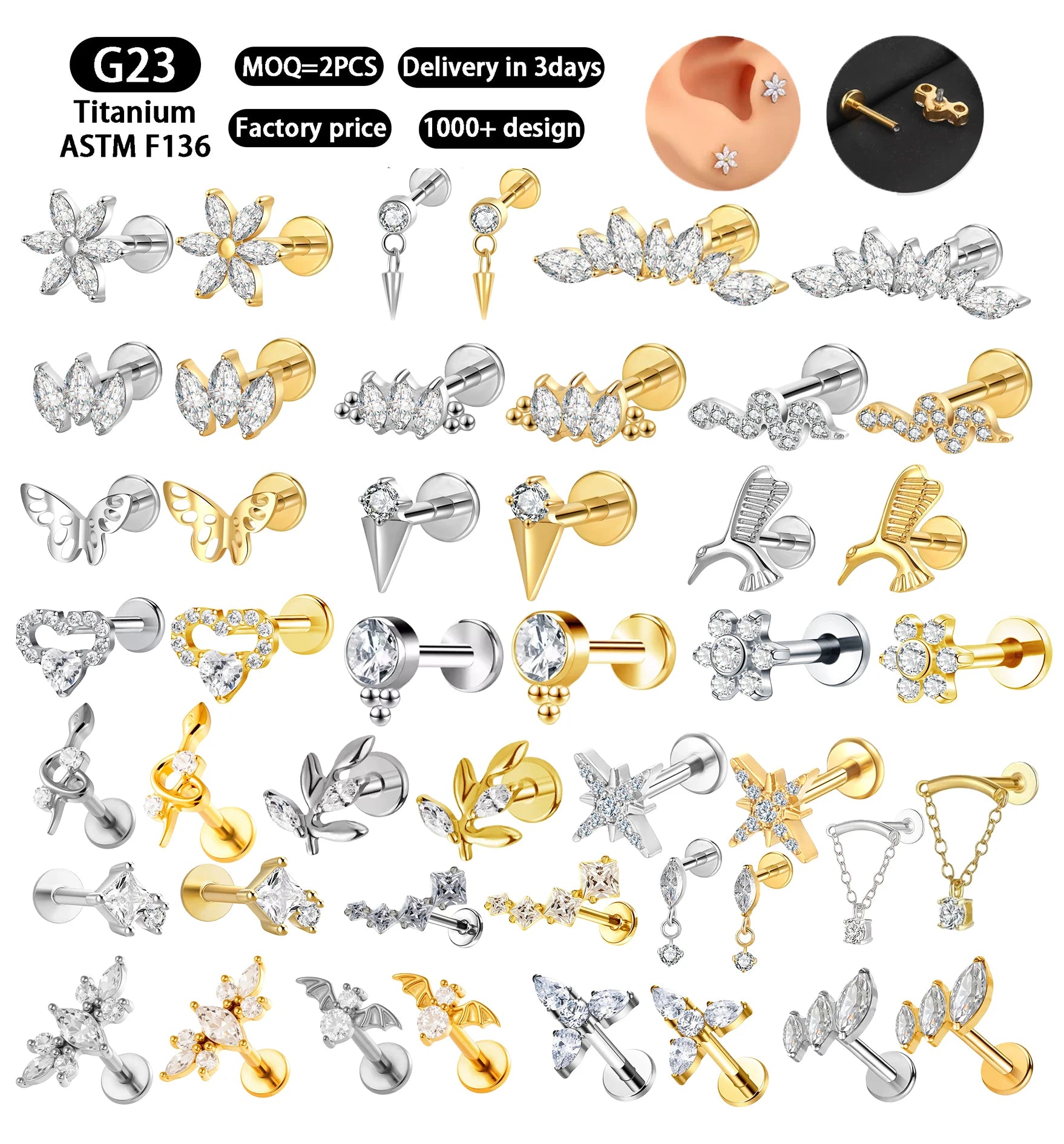 Body Piercing Jewelry ASTM-F136 Titanium Zircon Piercing De Titanio Tragus Helix Daith Lobe Flat Back Earrings Labret Wedding