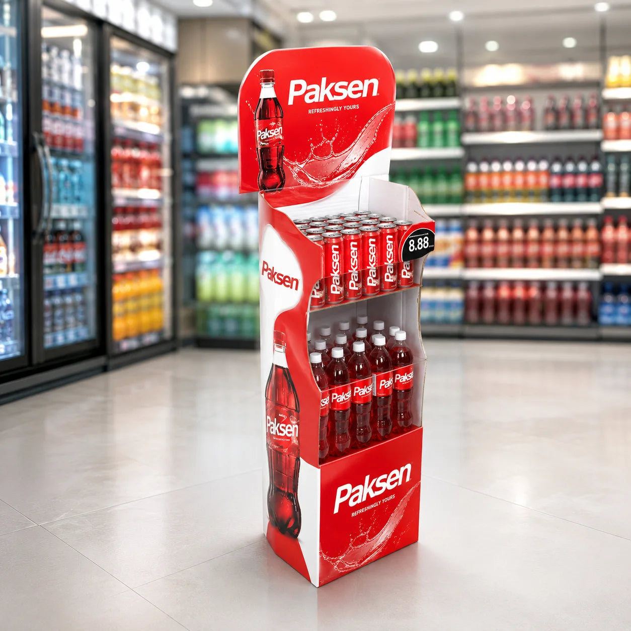 OEM Printed Cardboard Display Stand Supermarket Soft Drink Soda Bottle Floor Paper Display Rack