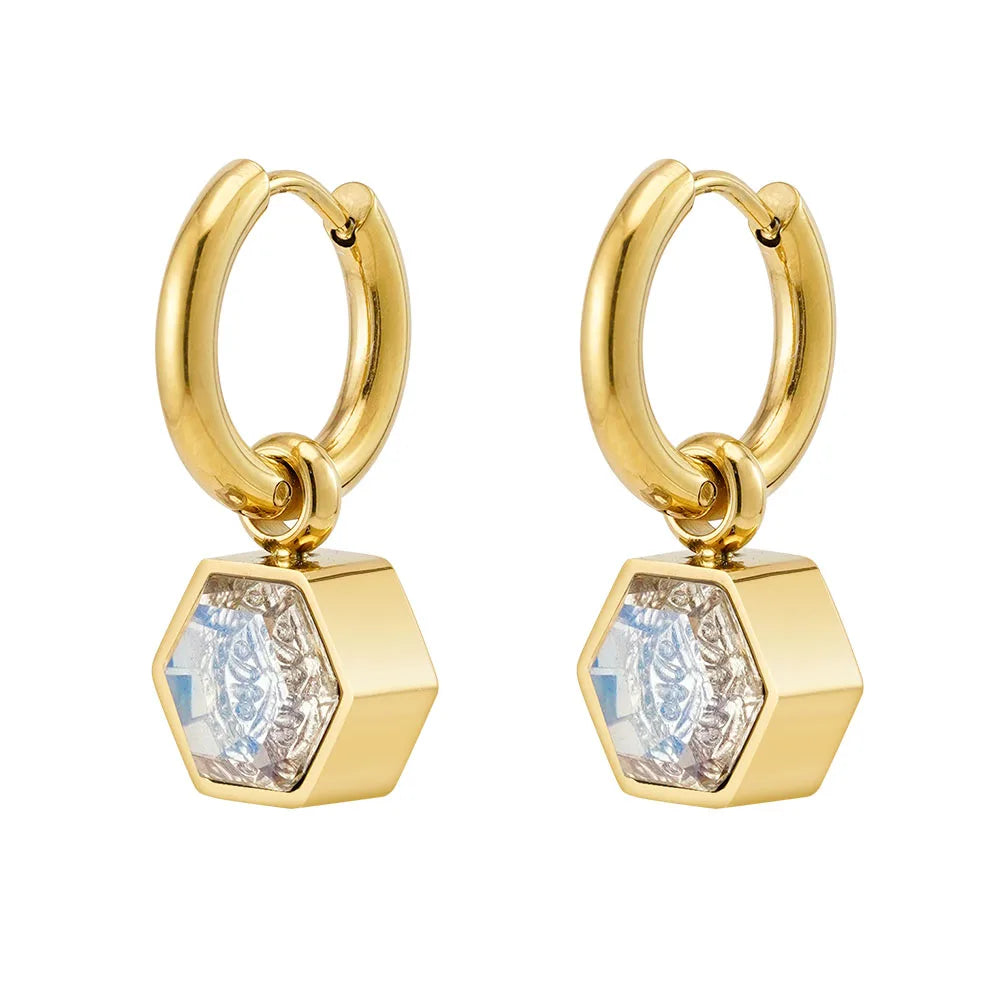 Latest 18K Gold Plated Stainless Steel Jewelry Hexagon White Zircon Hoop Drop Earrings for Women Accessories Earrings E251696