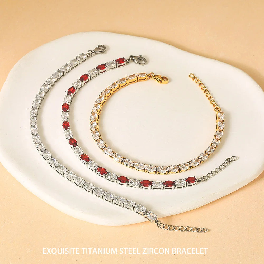 18K Gold 361L Stainless Steel Tennis Bracelet Waterproof Full Colour Red Green Zircon Fashionable Electroplating Tennis Bracelet
