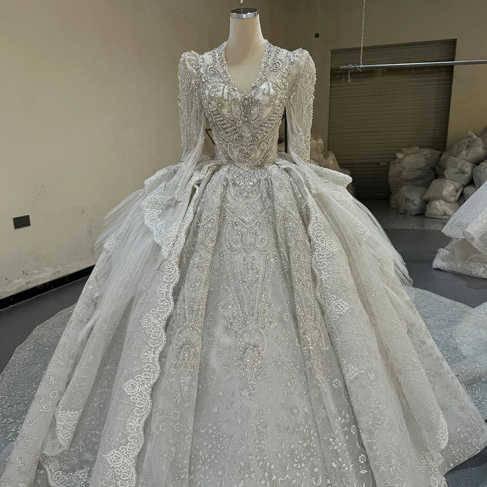 Jancember MN238 Gorgeous Long Sleeve Bridal Long Tail Wedding Gowns Dresses