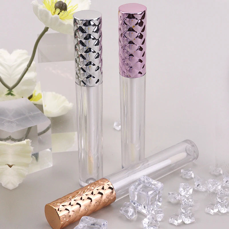 New Luxury 3ml Lip Gloss Tubes Empty Luxury Shiny Metal Plating Cosmetic Container Plastic Lipstick with Grid Cap Packaging
