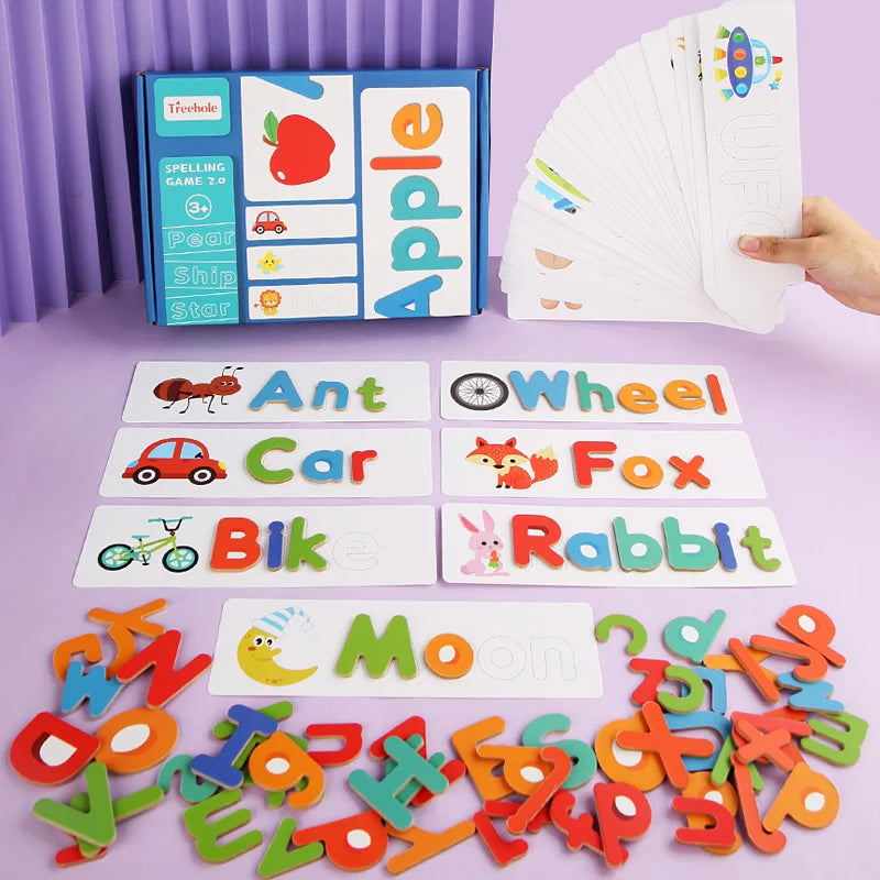 Early Educational 26 Letter Alphabet Cognitive Spelling Puzzle Wooden Children Learning Toys Educational with Word Cards