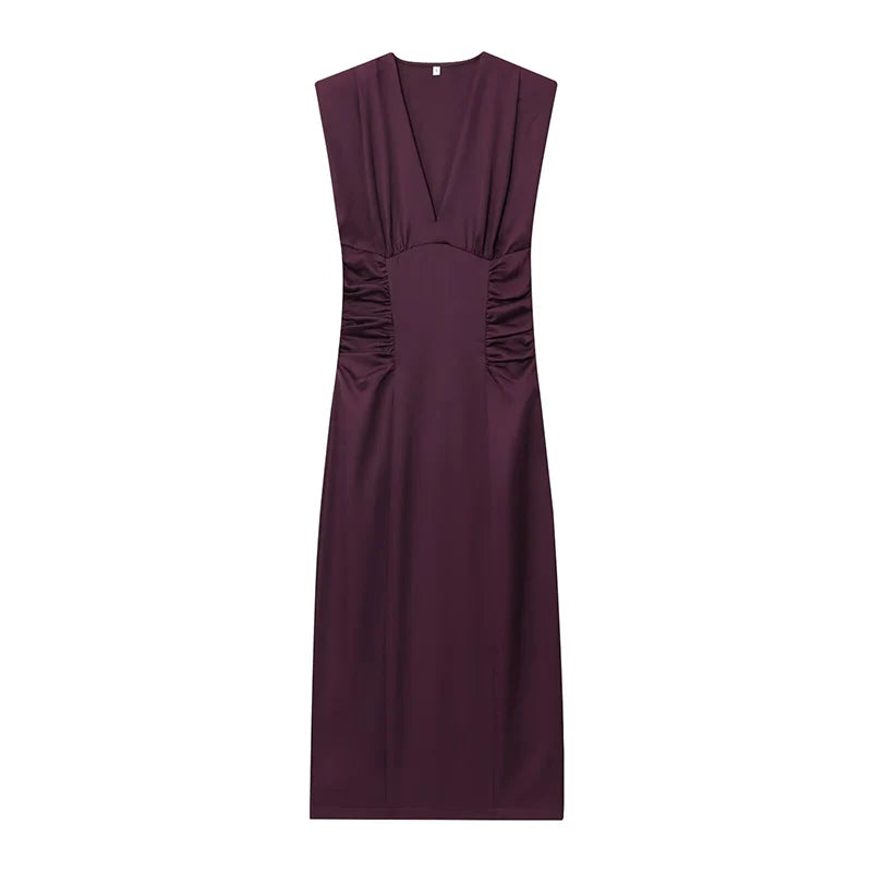 ZATRHMBM Autumn Women's Clothing 2025 New Fashion Draped Midi Dress Retro Casual Sleeveless V-neck Slim Women's Dress