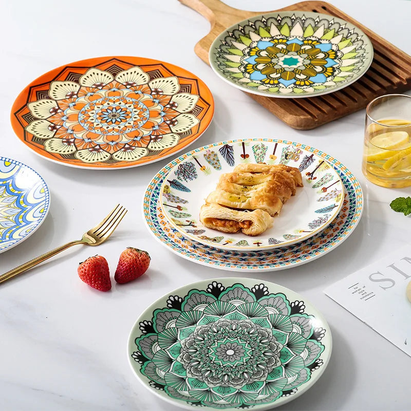 Hot Sale Colorful Nordic Bohemia Style Restaurant Multi Color Porcelain Dinner Serving Bohemian Style Ceramic Dinner Plates