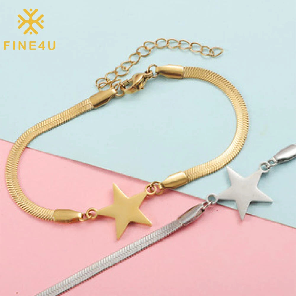 Wholesale Stainless Steel Simple Star Charm Pendant Snake Bone Chain Bracelet Fashion Charm Bracelet for Women Men