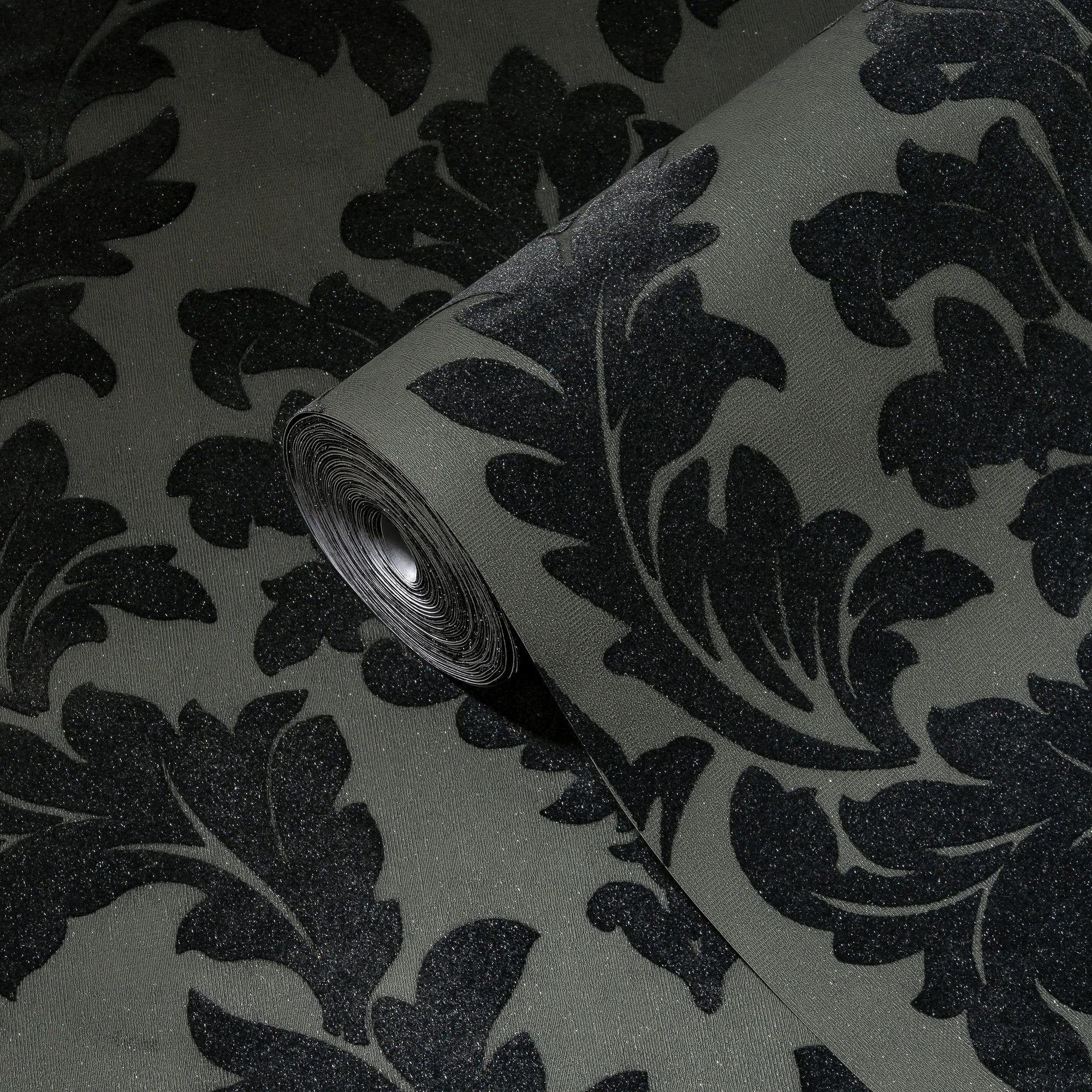 Made in Germany Luxury Wallpaper Rolls with Velvet Flock Damask Silver Black Grey Non Woven Premium Wallpaper - 1005 x 052 m