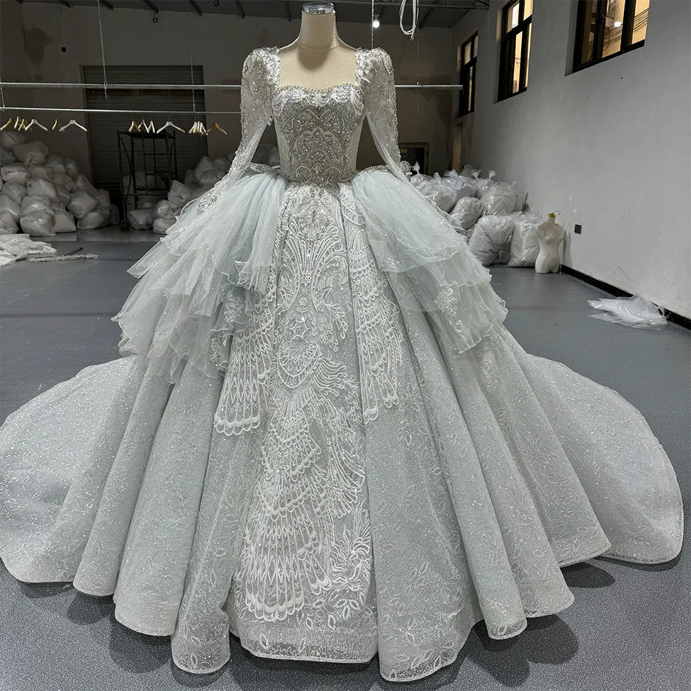 For Jancember MN265 Modern Square Collar Glitter Empire Ball Gown Wedding Evening Dress Long Skirt Chapel Train Crystal Lace Flo