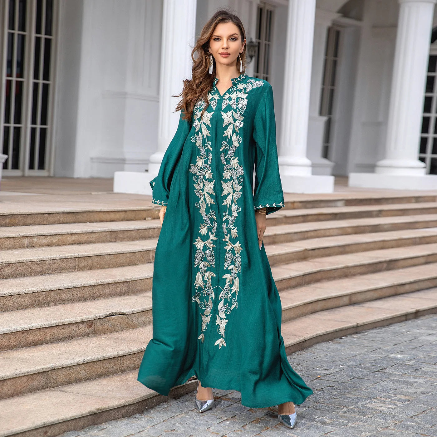 Embroidered Collared V-Neck Abaya Dress Morocco Kaftan Turkey Casual Arab Floral Abaya Ethnic Clothing Ramadan Dress
