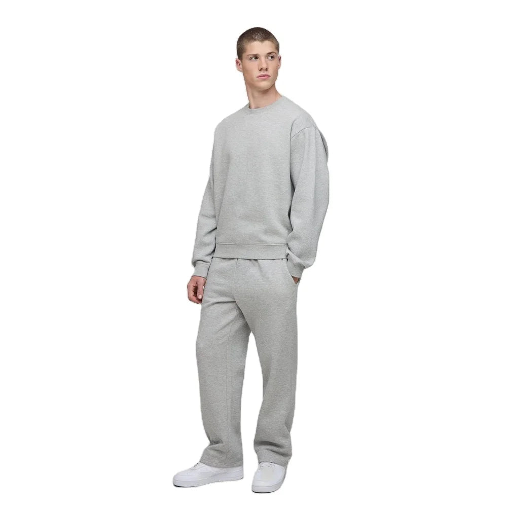 Men's Winter Casual Streetwear Set Light Grey 100% Cotton Hooded Sweatshirt Ribbed Hem Relaxed Jogger Pants Oversized Solid