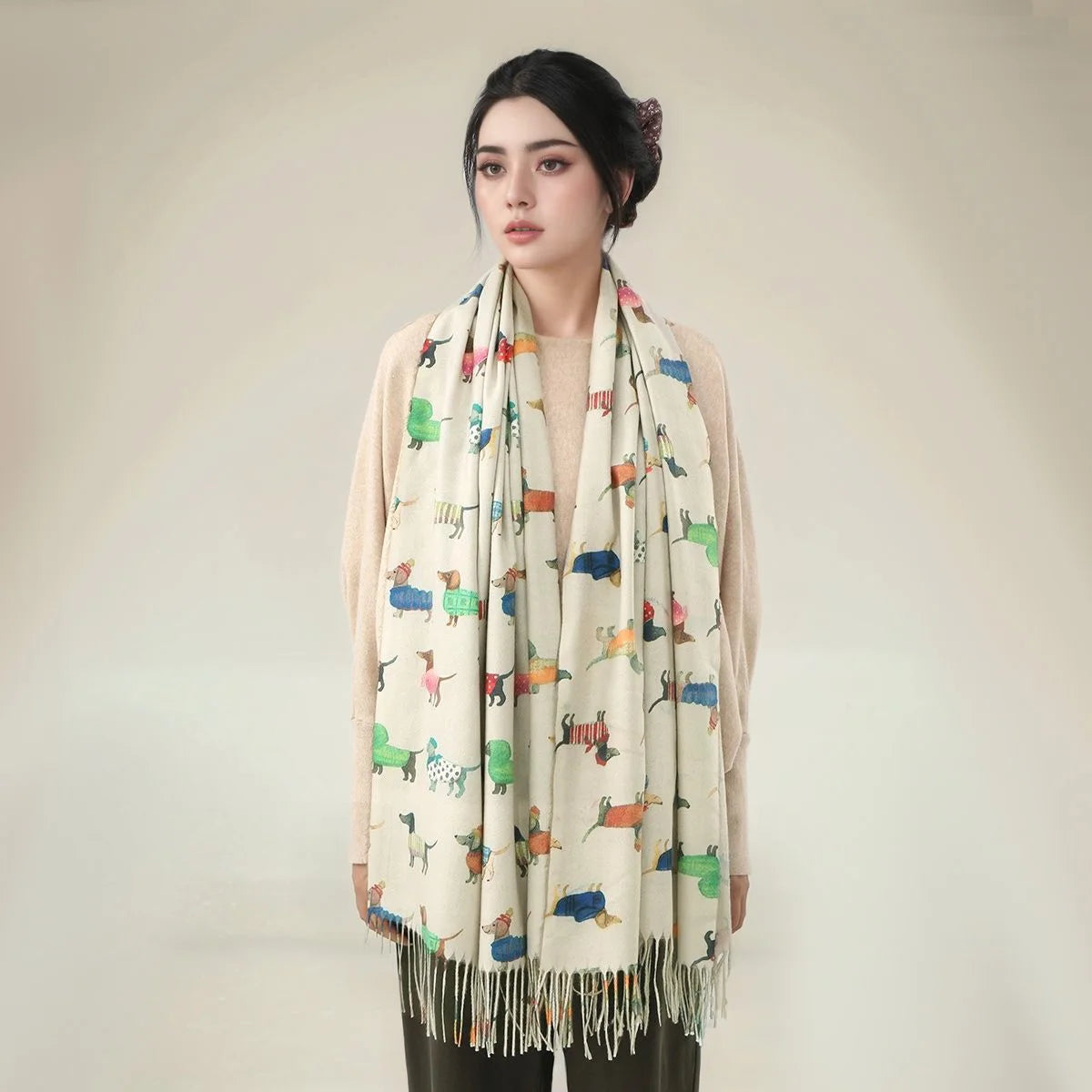 Korean Style Women Cotton Thick Muffler Hijab Scarf for Women Thanksgiving Animal Dog Print Scarf Fringed Shawl 180*70cm