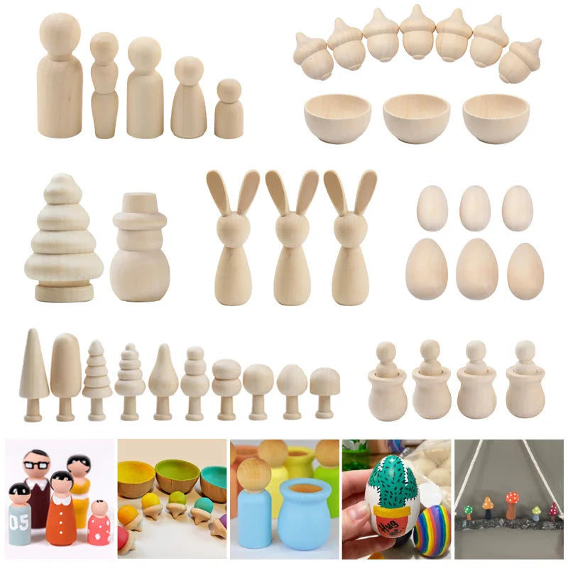 Children's DIY Graffiti Natural Wood White Blank Small Wooden Figures Paintable Wooden Dolls for Boys and Girls