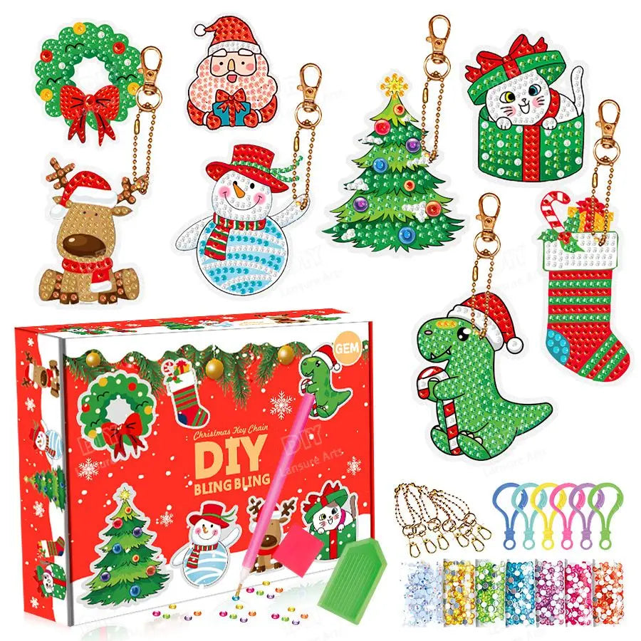 LS 9/15pcs DIY Diamond Painting Printed Christmas Keychain Pendant Christmas Gift Cartoon Santa Claus Snowman Embroidery Keyring