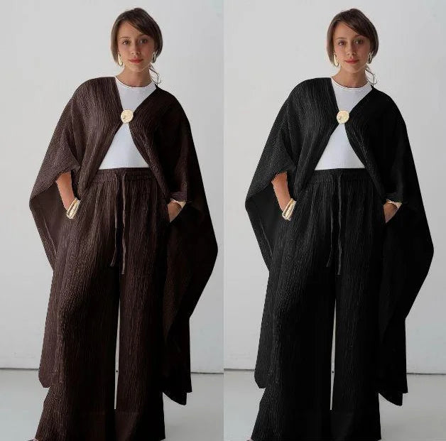2025 New Muslim Clothing Women Abaya Set Unique Bubble Wrinkle Fabric Modern Abaya Pants Set Modest Abaya 2pc Set with a Brooch