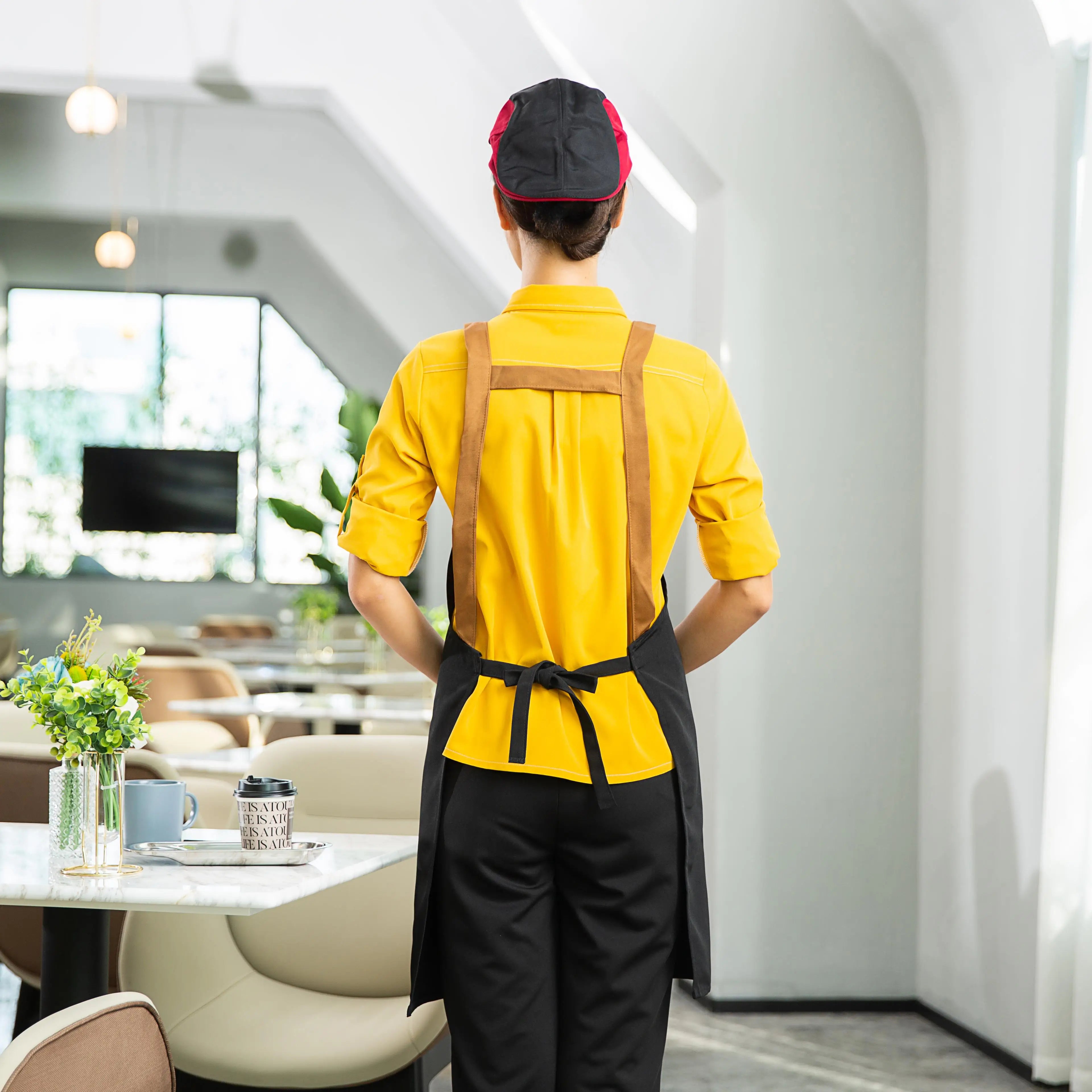Custom Restaurant Shop Waiter Work Cleaning Uniform Apron Waterproof Professional Bbq Chef Kitchen Canvas Apron with Pockets