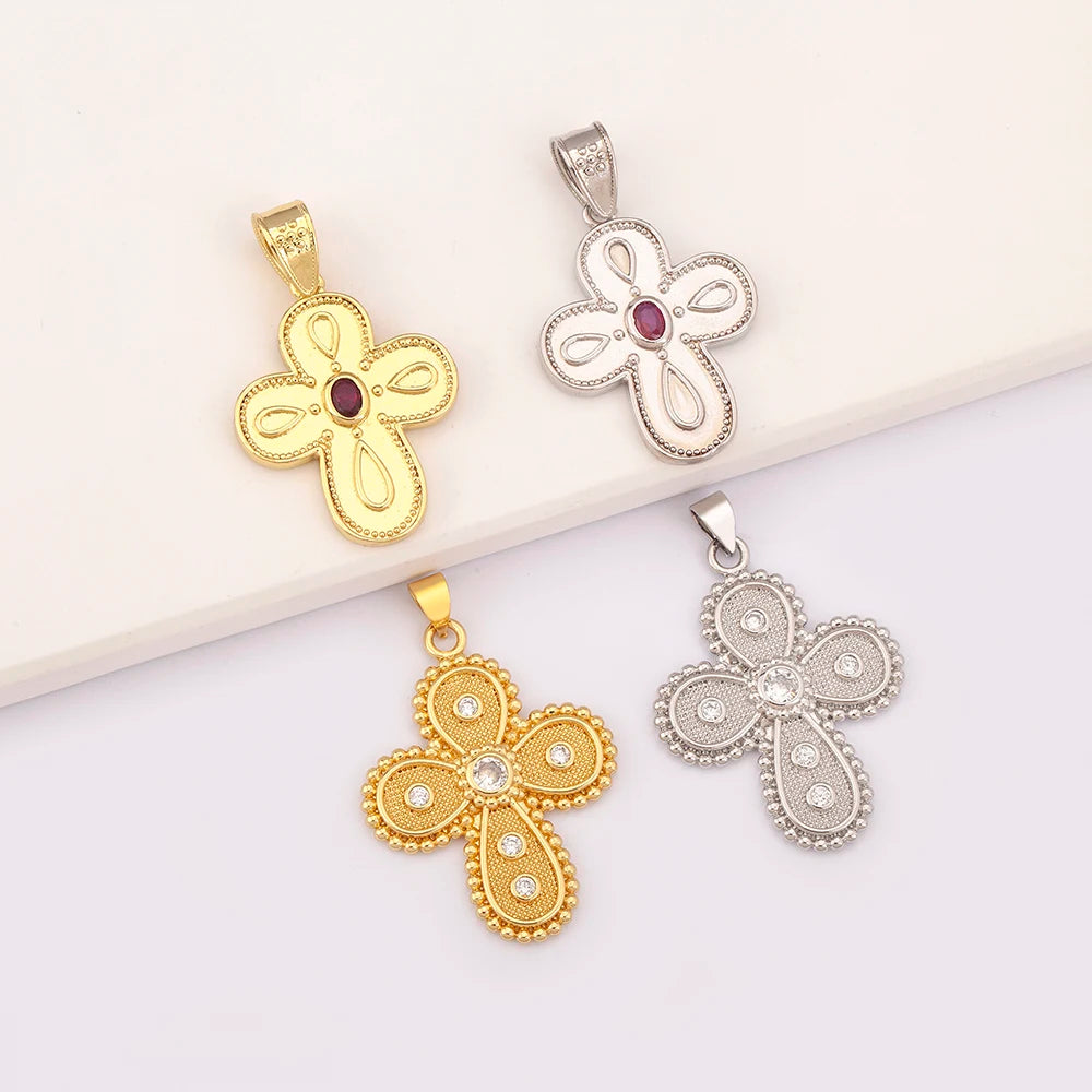 QIKU Wholesale Vintage Cross Pendant Gold Silver Plated with CZ Gemstones for Jewelry Necklace Making