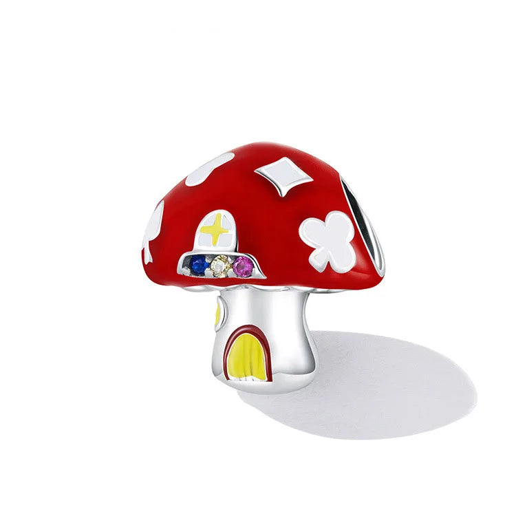 Women Girl Enamel  S925 925 Sterling Silver Sterling Zircon Cute Lovely Mushroom Shape Charm Pendant Beads Jewelry for Bracelet