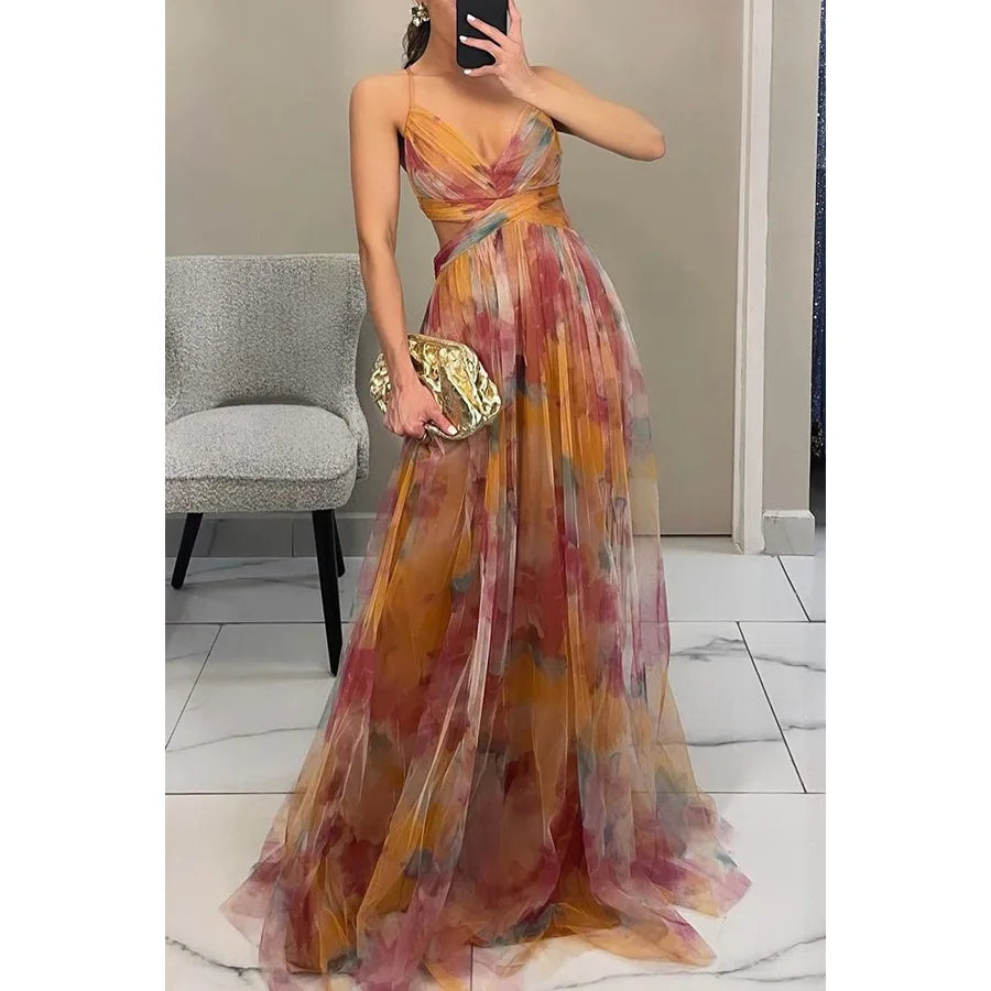 2025 Spring/Summer New Mesh Printed Sling Dress INS Vacation Casual Party Dress Women's Fashion Clothing