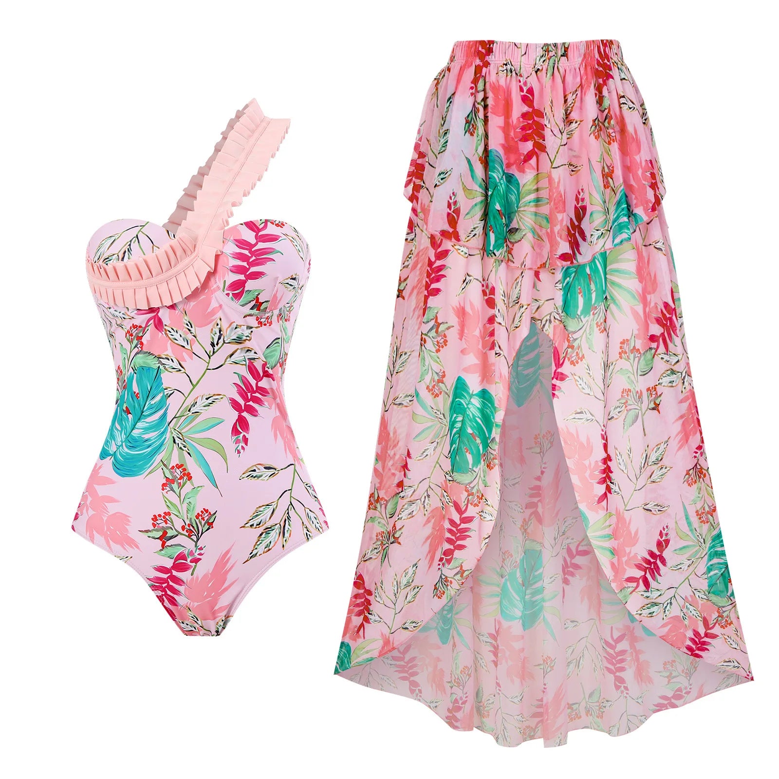 2025 European American New Skirt Style Women's One Shoulder Bandeau Swimsuit 2-Piece High Waist Long Skirt Handmade Tropical